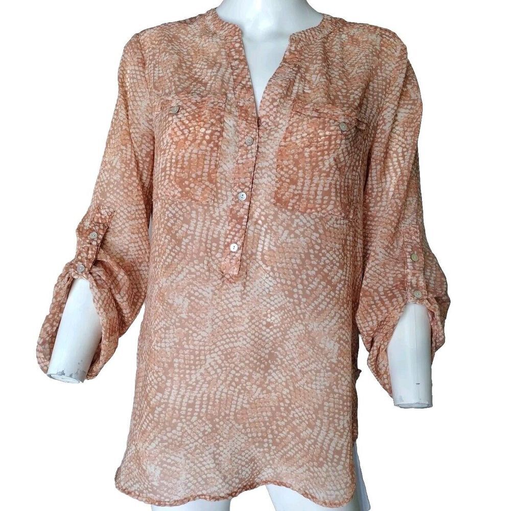 Apt 9 Tunic Women S Orange Skin Animal Print Chiffon Pocket Long Roll Tab Sleeve
